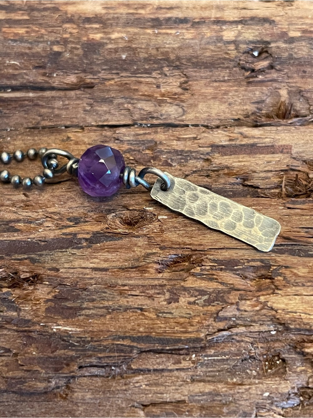 Amethyst Bead Pendant Necklace with Hammered Brass Tag